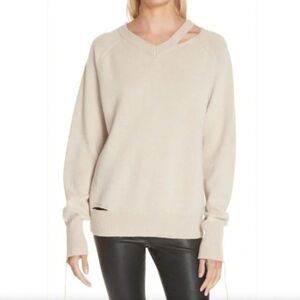 Helmut Lang Distressed V-Neck Sweater Wool Cashmere Raglan Sleeve Tan Women's L